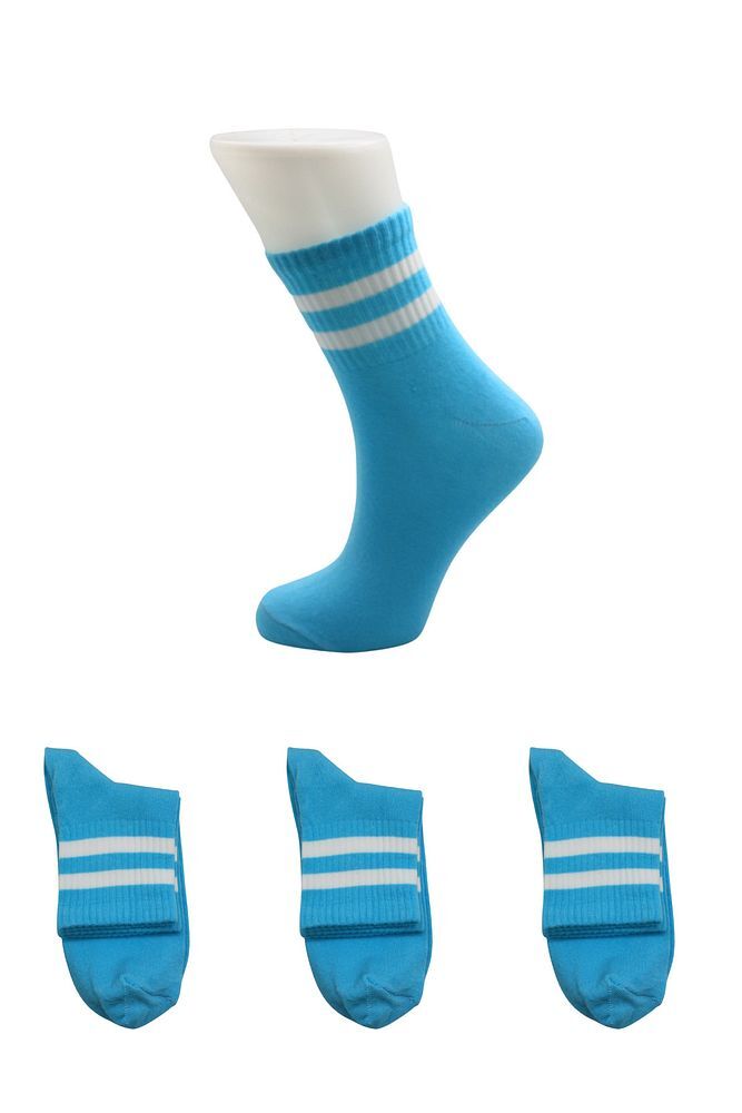 Unisex Renkli Beyaz 2 Çizgili Mavi Yarım Konç Tenis Çorap Kolej 3'lü Paket