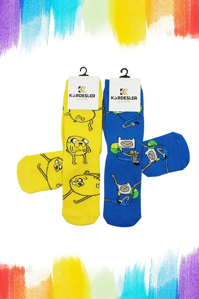 Unisex Renkli Desenli Çorap 2'li Neşeli Çoraplar Sarı-Mavi - 36-42