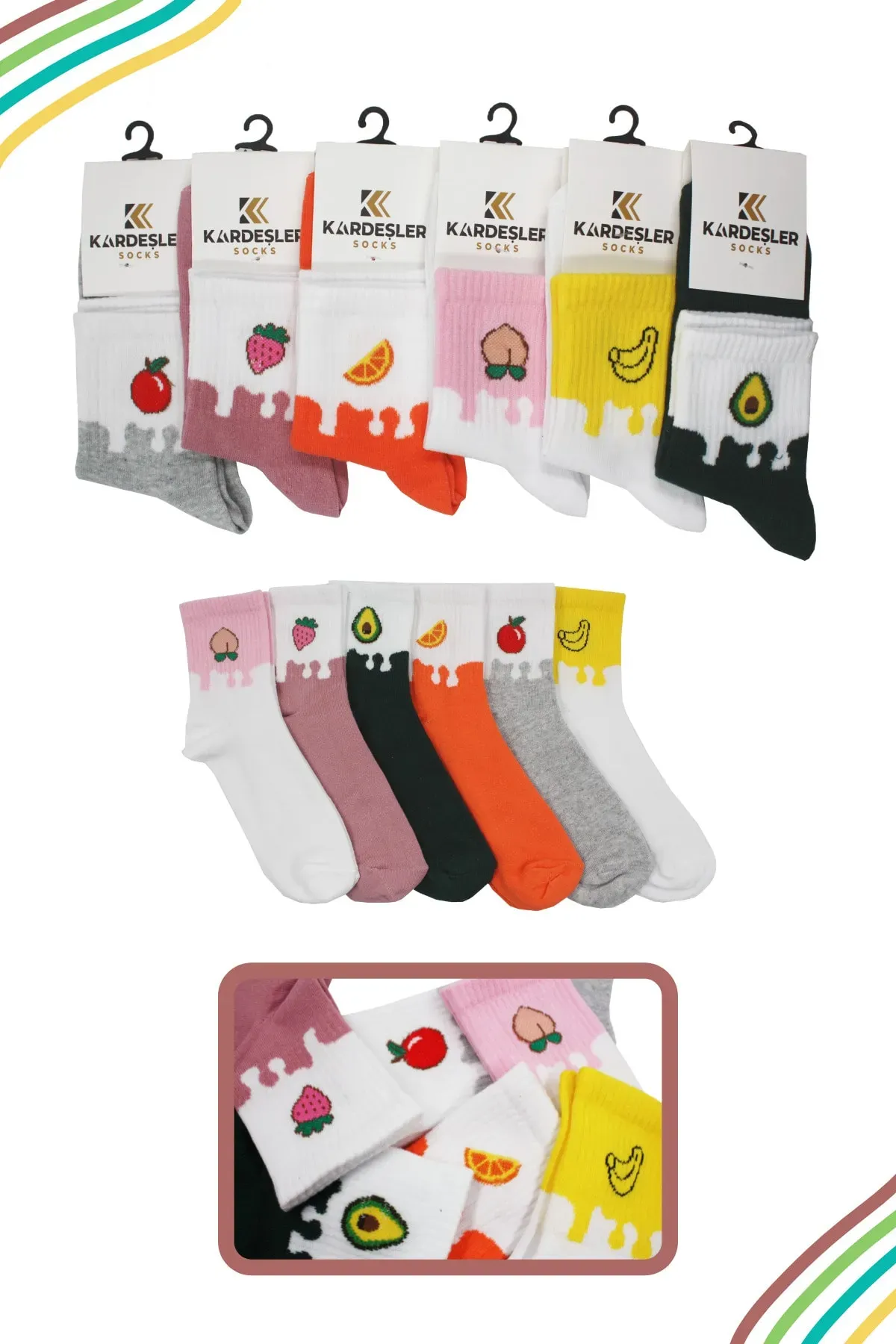 Unisex Renkli Meyveli - Yemekli Desenli Tenis Çorap 6'lı Paket 6 Renk Desen - 36-42