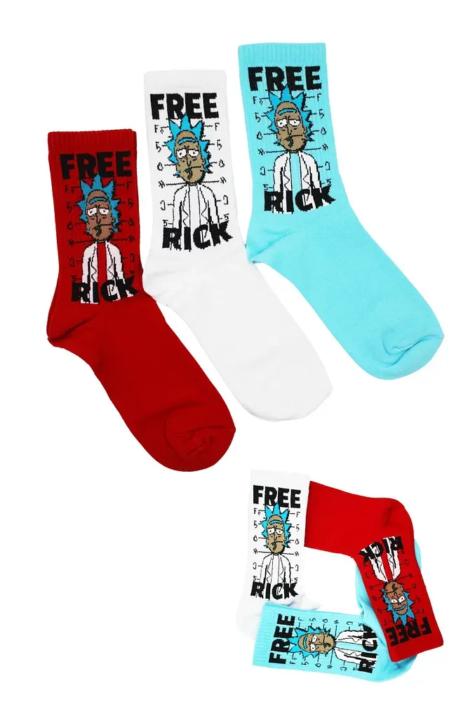 Unisex Renkli Free Rıck Desenli Çorap 3'lü Kırmızı-Beyaz-Mavi - 36-42