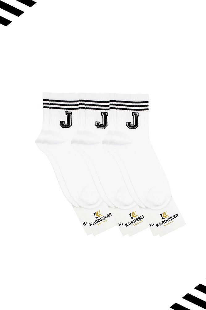 Unisex J Harfi Desenli Tenis Çorap (HARFLİ ÇORAP) 3 Çift Beyaz - 36-42
