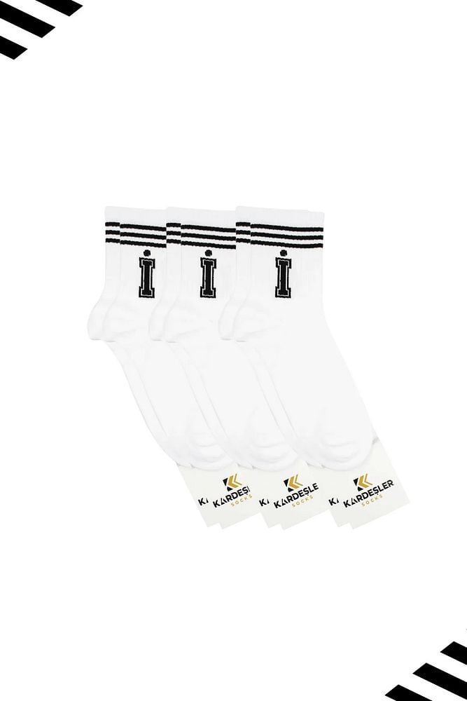 Unisex İ Harfi Desenli Tenis Çorap (HARFLİ ÇORAP) 3 Çift Beyaz - 36-42