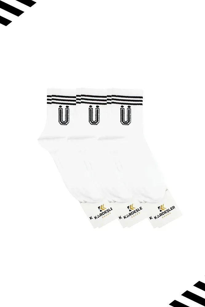 Unisex Ü Harfi Desenli Tenis Çorap (HARFLİ ÇORAP) 3 Çift Beyaz - 36-42