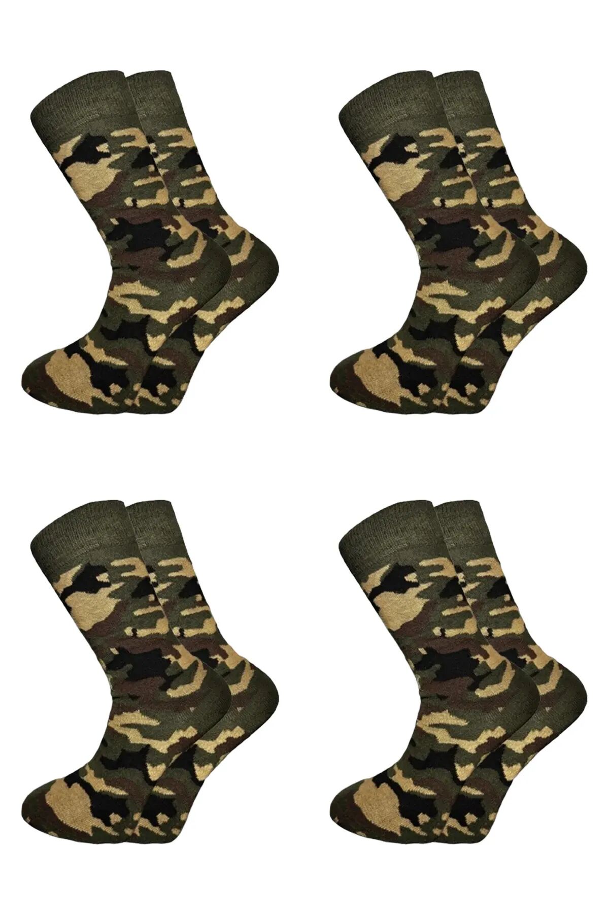 Erkek Kamuflaj Askeri Desenli Pamuklu Soket Uzun Çorap 4'lü Paket Çok Renkli-1 - 40-46