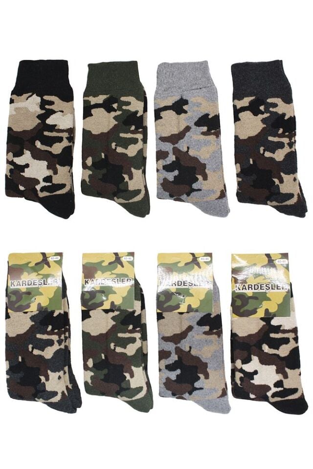 Erkek Kamuflaj Askeri Desenli Pamuklu Soket Uzun Çorap 4'lü Paket