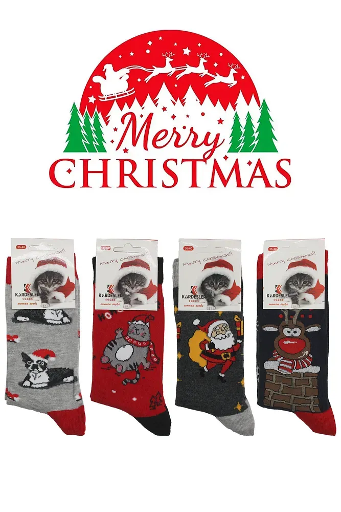 Yılbaşı Noel Christmas Renkli Desenli Soket Çorap Çok Renkli 13 - 36 - 40