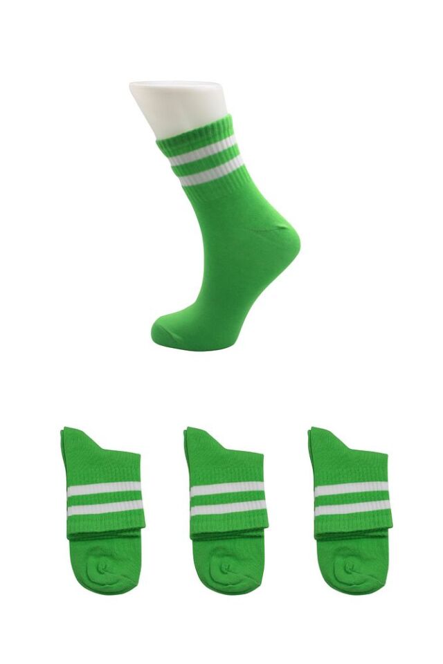 Unisex Renkli Beyaz 2 Çizgili Mavi Yarım Konç Tenis Çorap Kolej 3'lü Paket Yeşil - 36 - 40
