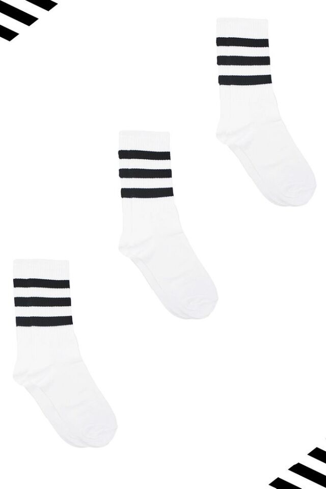 Unisex Renkli Siyah 3 Çizgili Beyaz Soket Tenis Çorap Kolej 3'lü Paket Beyaz - 40-46