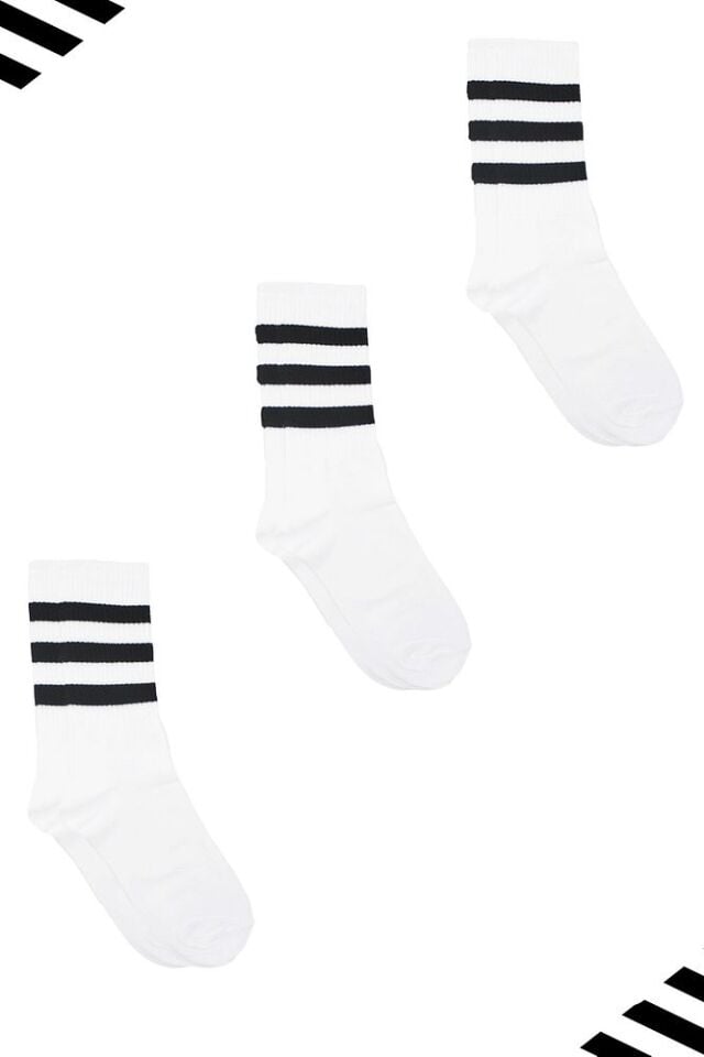 Unisex Renkli Siyah 3 Çizgili Beyaz Soket Tenis Çorap Kolej 3'lü Paket Beyaz - 36 - 40