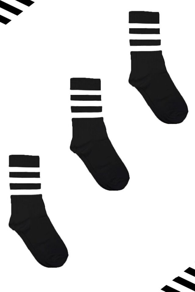 Unisex Renkli Siyah 3 Çizgili Beyaz Soket Tenis Çorap Kolej 3'lü Paket Siyah - 40-46