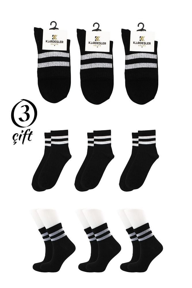Unisex Beyaz 2 Çizgili Siyah Yarım Konç Tenis Çorap Kolej 3'lü Paket Siyah - 40-46