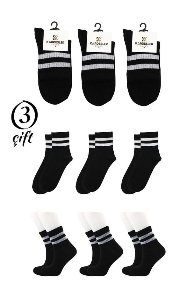 Unisex Beyaz 2 Çizgili Siyah Yarım Konç Tenis Çorap Kolej 3'lü Paket Siyah - 40-46