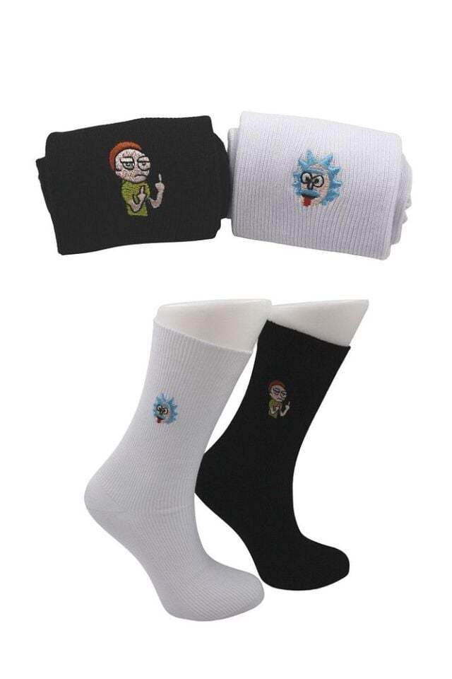 Unisex Desenli Nakışlı Renkli Soket Pamuklu Çorap Siyah-Beyaz - 36-42