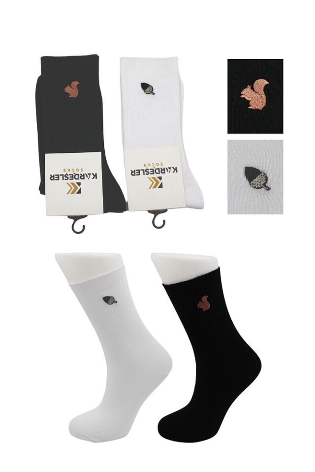 Unisex Desenli Nakışlı Renkli Soket Pamuklu Çorap 36-42 - Beyaz-Siyah
