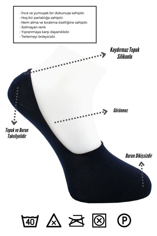 Bambu Erkek Babet Çorap Dikişsiz Görünmez Kaydırmaz Topuk Silikonlu Lacivert - 40-46