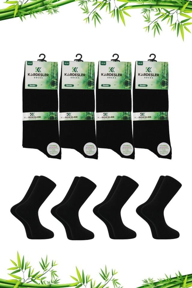 Bambu Erkek Soket Uzun Düz Çorap Dikişsiz 4'lü Paket Siyah - 43-46