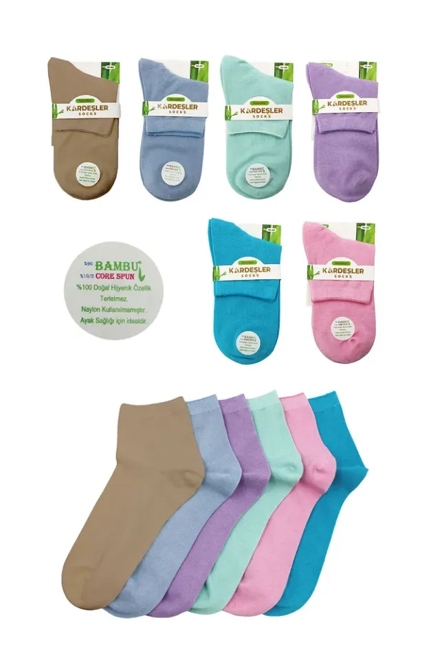 Bambu Kadın Yarım Konç Dikişsiz Düz Çorap 6'lı Paket Renkli - 36 - 40
