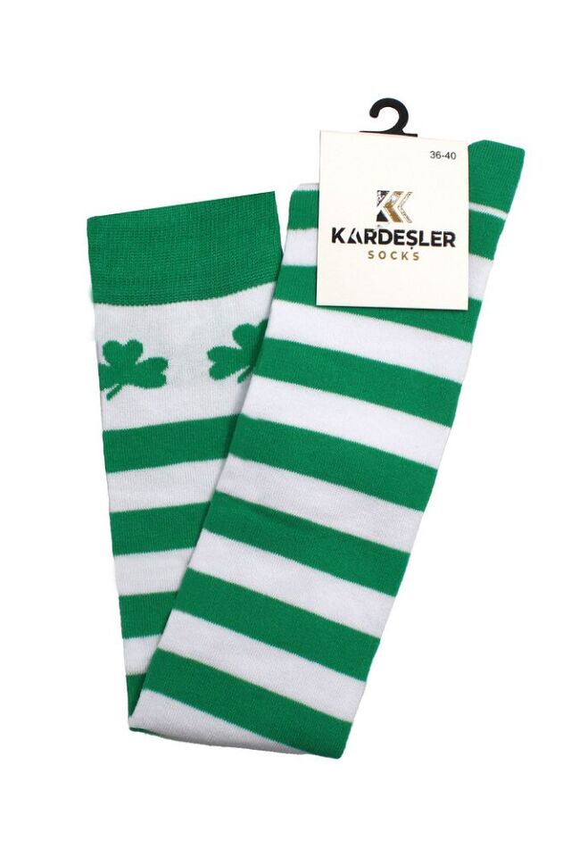 Diz Üstü Pamuklu Çorap Yeşil-Beyaz-Şeritli - 36 - 40