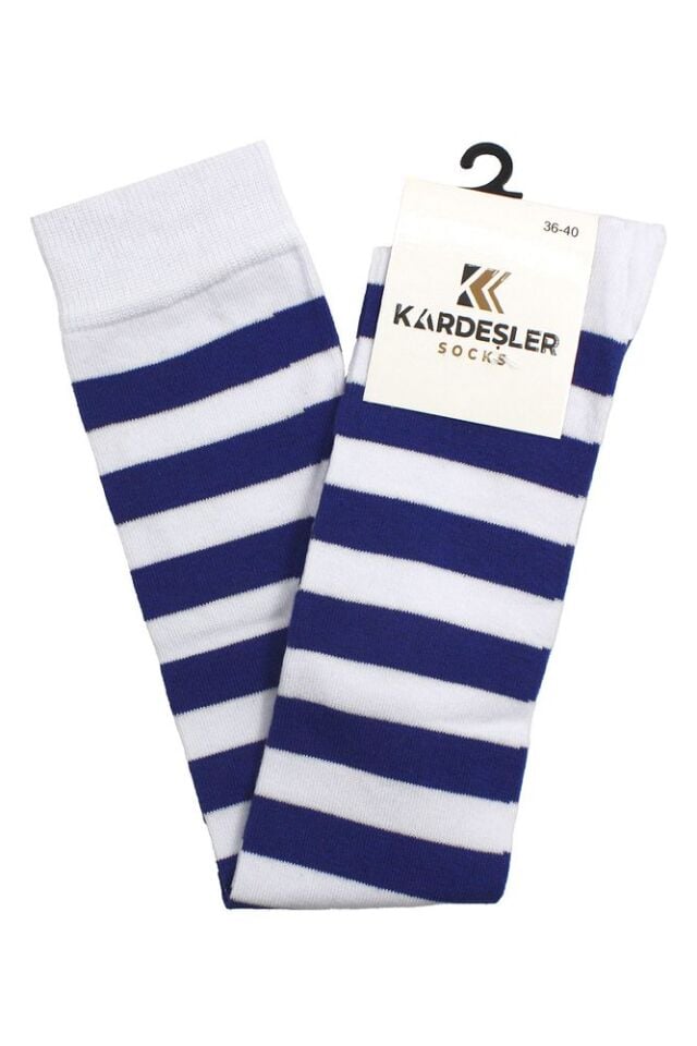 Diz Üstü Pamuklu Çorap Saks-Beyaz-Şeritli - 36 - 40