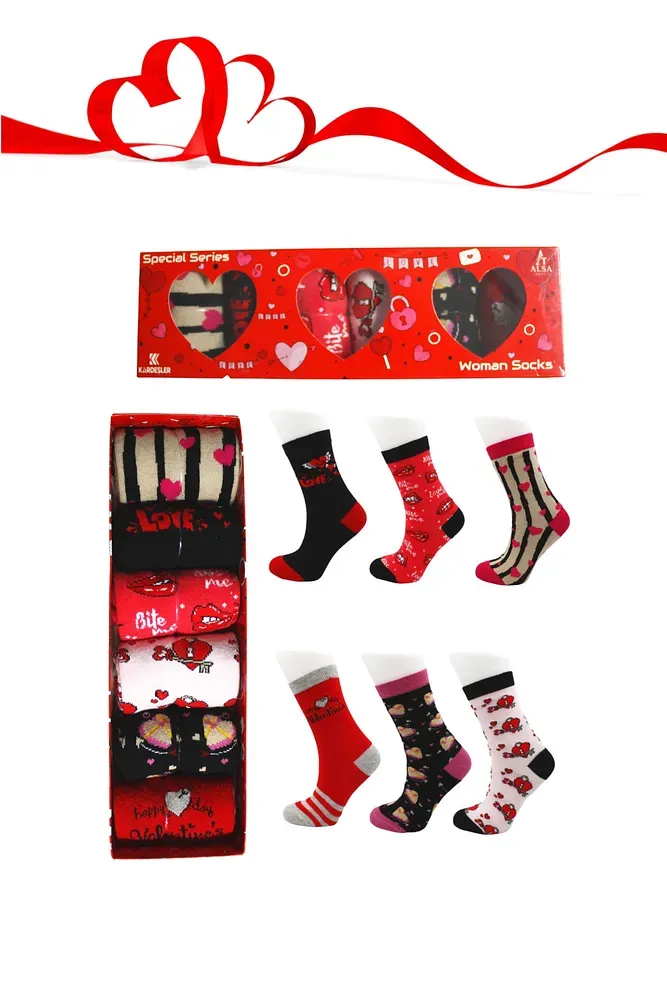 Unisex Sevgili Hediye Kutulu 6 Çift 6 Farklı Renk Farklı Desen Çorap Çok Renkli - 36-42
