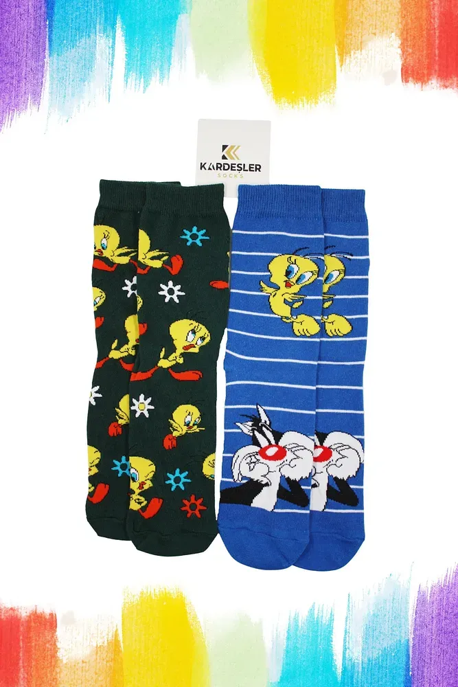 Unisex Renkli Desenli Çorap 2'li Neşeli Çoraplar 36-42 - Yeşil-Mavi