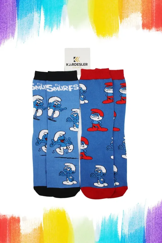 Unisex Renkli Desenli Çorap 2'li Neşeli Çoraplar Mavi - 36-42