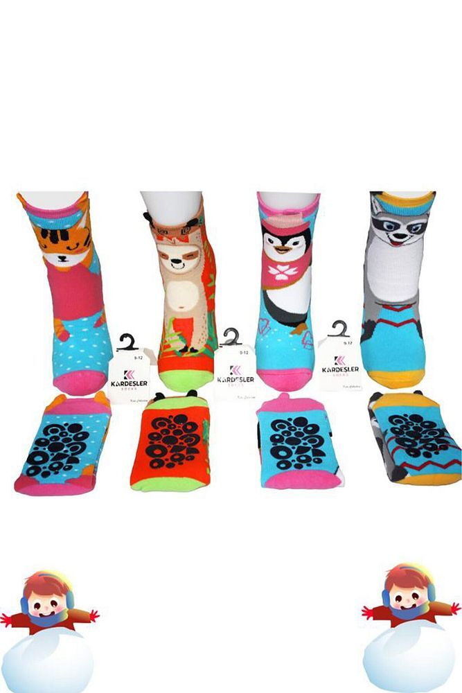 Çoçuk Havlu Çok Renkli Desenli Soket Çorap 4'lü Paket Renkli - 5-8