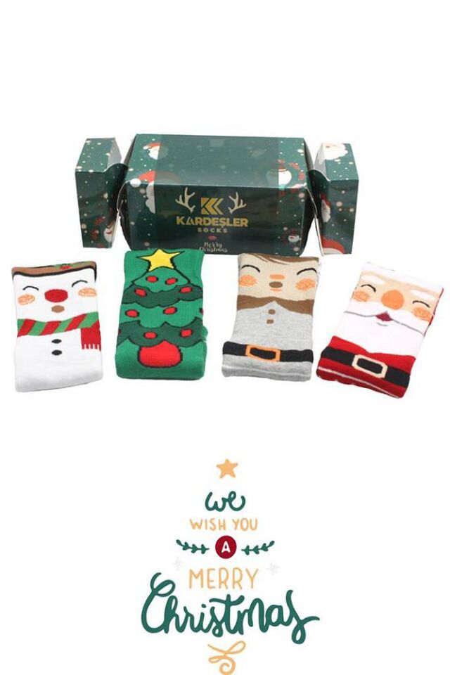 Çoçuk Havlu Yılbaşı Noel Christmas Çok Renkli Desenli Soket Çorap 4'lü Paket Premium Kutulu Renkli - 2-4