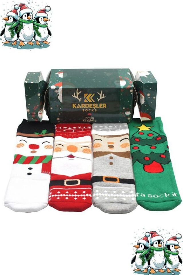 Çoçuk Havlu Yılbaşı Noel Christmas Çok Renkli Desenli Soket Çorap 4'lü Paket Premium Kutulu Renkli - 5-8