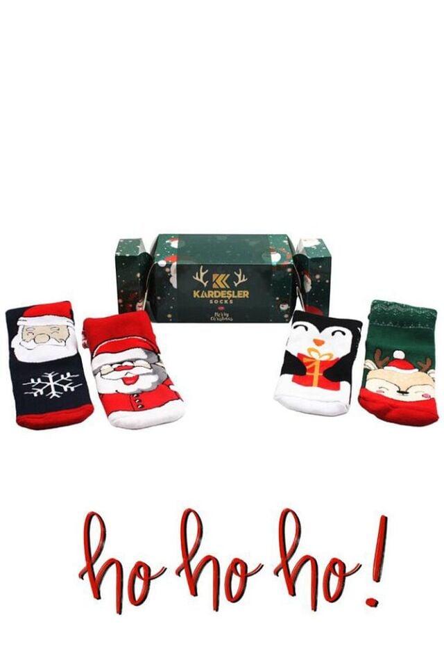 Çoçuk Havlu Yılbaşı Noel Christmas Çok Renkli Desenli Soket Çorap 4'lü Paket Premium Kutulu Renkli - 5-8