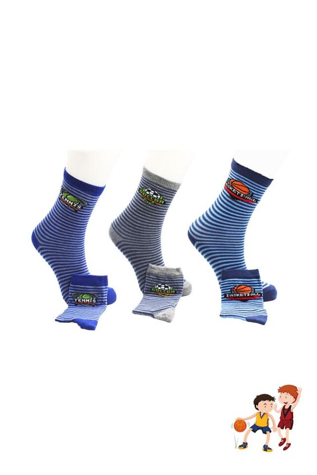 Çoçuk Çok Renkli Desenli Soket Çorap 3'lu Paket Renkli - 9-12