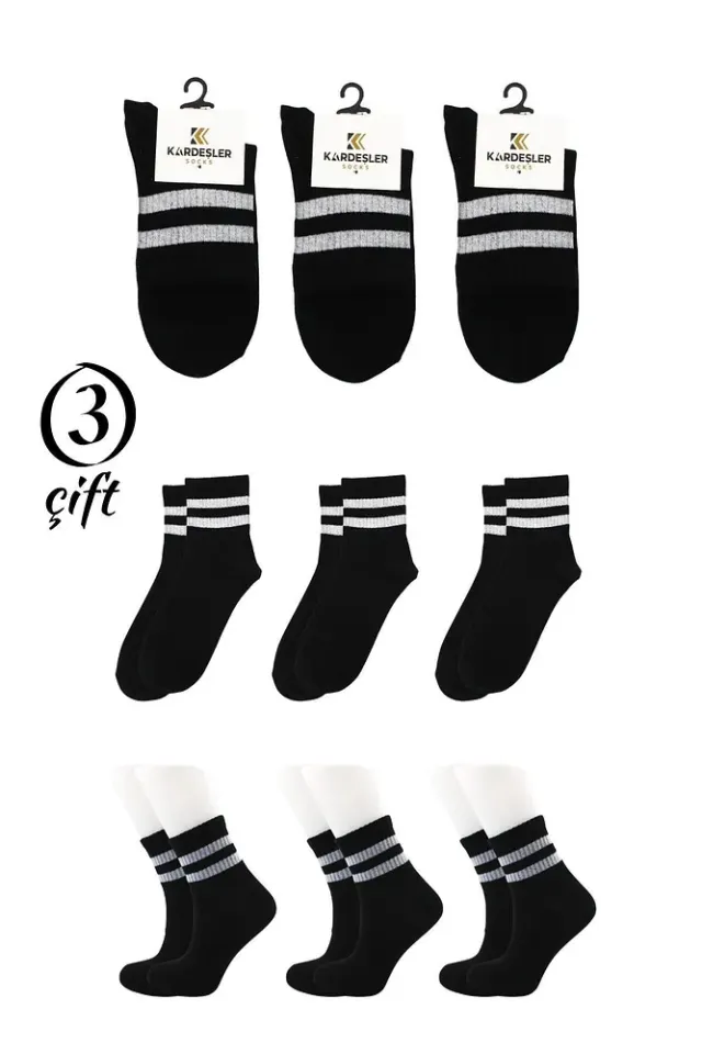 Unisex Beyaz 2 Çizgili Siyah Yarım Konç Tenis Çorap Kolej 3'lü Paket Siyah - 36 - 40