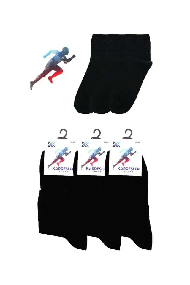 Erkek Yarım Konç Siyah Pamuklu Düz Çorap 3'lü Paket Siyah - 40-46