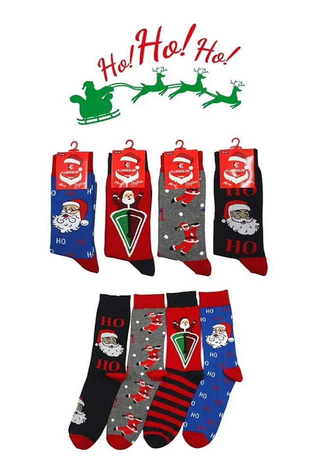 Erkek Yılbaşı Noel Christmas Renkli Desenli Soket Çorap 4'lü Paket Çok Renkli - 43-46