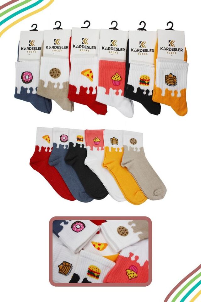 Unisex Renkli Meyveli - Yemekli Desenli Tenis Çorap 6'lı Paket Çok Renkli - 36-42