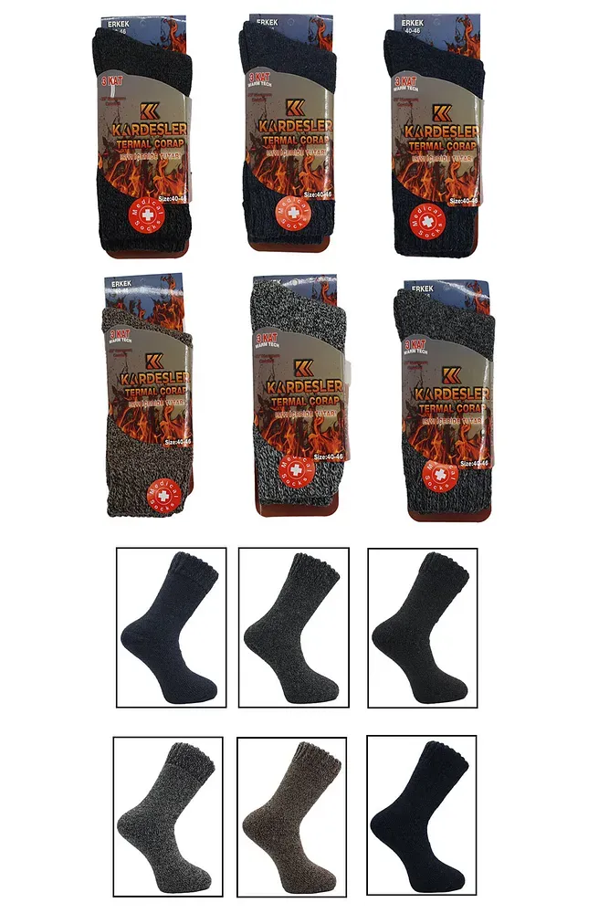 Erkek Lambswool Termal Yün Kışlık Havlu Kalın Çok Renkli Çorap 6'lı Paket Isıyı İçeride Tutar Renkli - 40-46