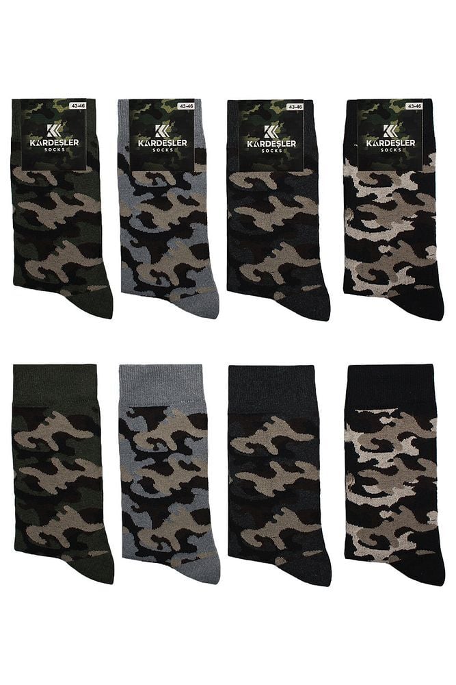 Erkek Kamuflaj Askeri Desenli Pamuklu Soket Uzun Çorap 4'lü Paket Çok Renkli - 43-46