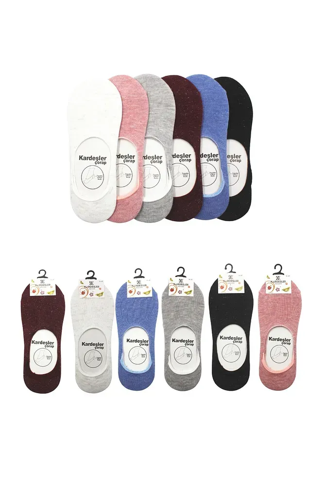 Kadın Babet Çok Renkli Simli Çorap Pamuklu Görünmez Kaydırmaz Topuk Silikonlu 6'lı Paket Çok Renkli - 36 - 40
