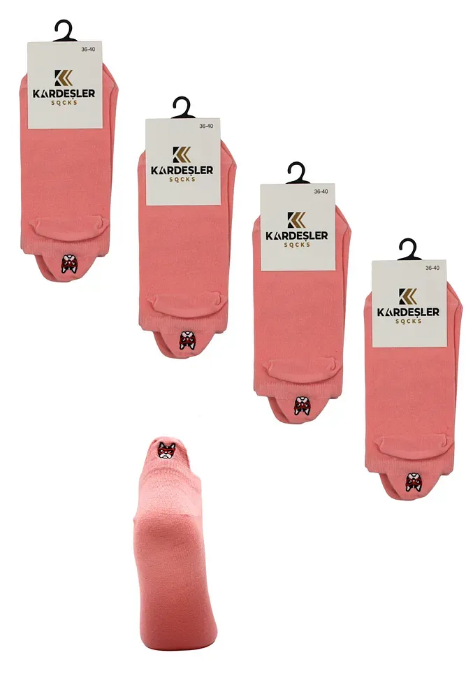 Kadın Nakışlı Pamuklu Patik Çorap 4'lü Paket Pembe - 36 - 40