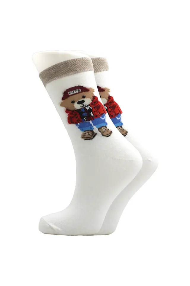 Kadın Çok Renkli Ayı Desenli Pamuklu Soket Uzun Çorap 4'lü Paket Çok Renkli - 36 - 40