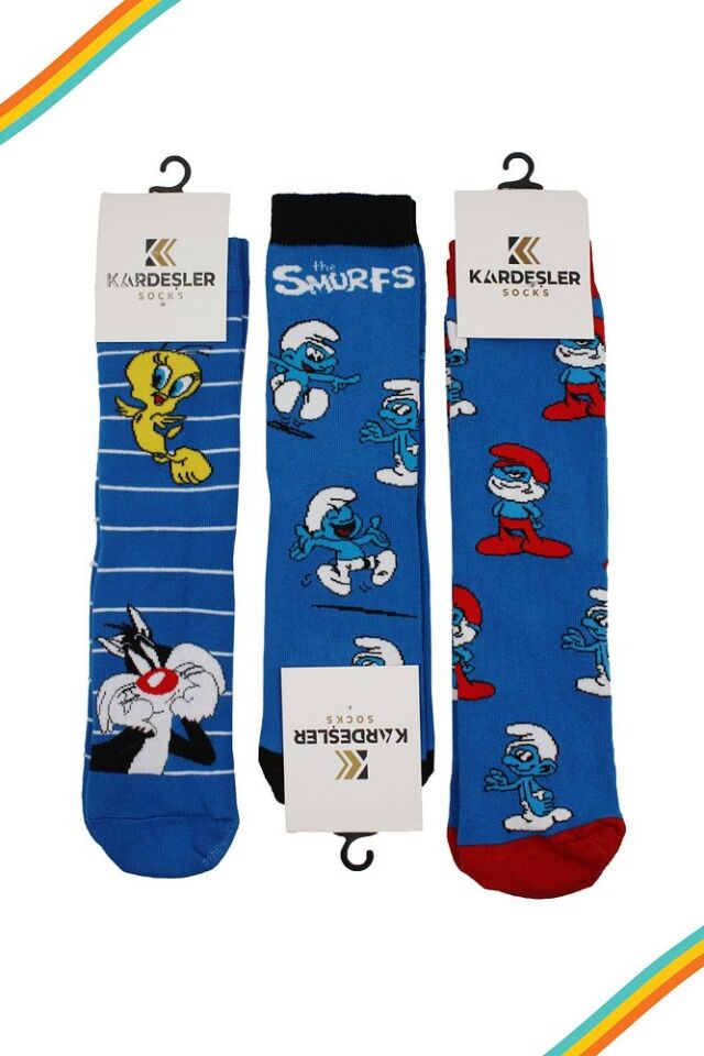 Unisex Renkli Karikatür Desenli Soket Uzun Çoraplar 3'lü Paket Çok Renkli - 36-42