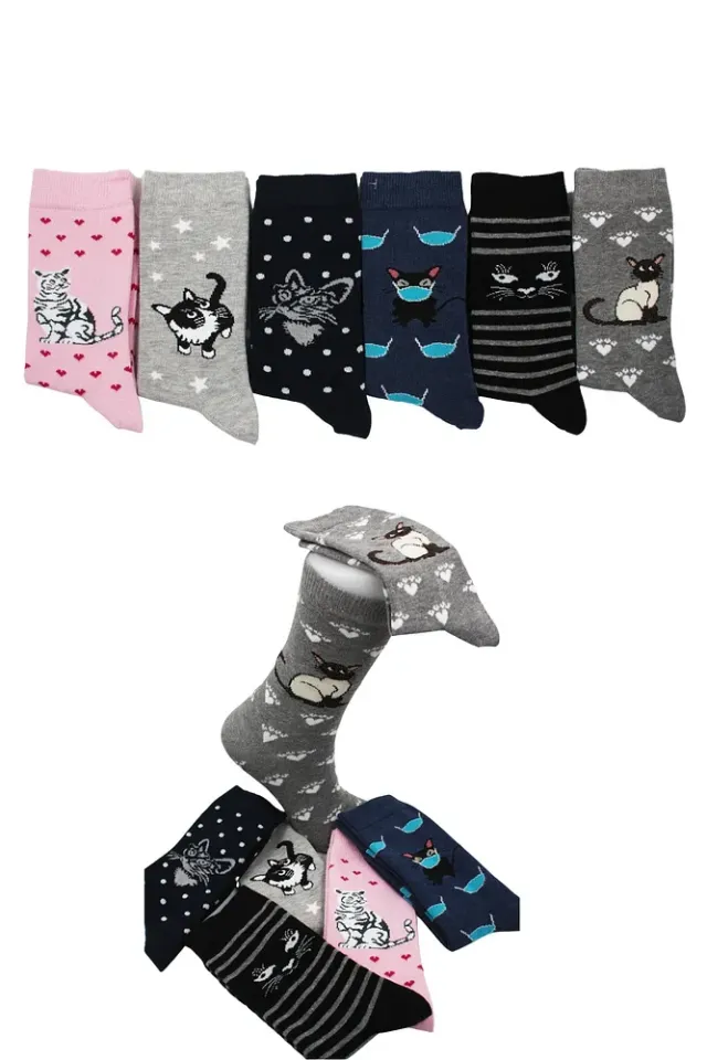Unisex Kedi Desenli Pamuklu Çorap 6'lı Set Çok Renkli - 36-42