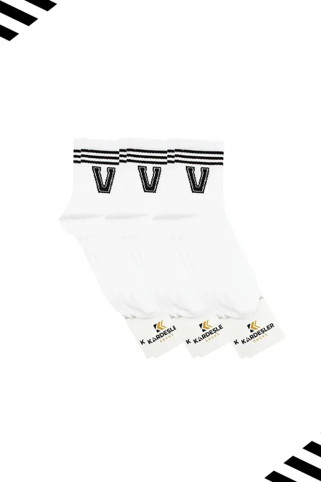 Unisex V Harfi Desenli Tenis Çorap (HARFLİ ÇORAP) 3 Çift Beyaz - 36-42
