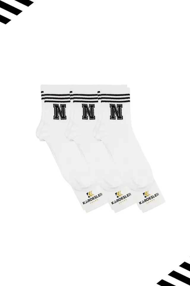 Unisex N Harfi Desenli Tenis Çorap (HARFLİ ÇORAP) 3 Çift Beyaz - 36-42