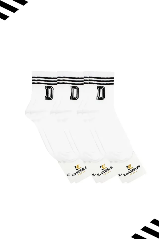 Unisex D Harfi Desenli Tenis Çorap (HARFLİ ÇORAP) 3 Çift Beyaz - 36-42