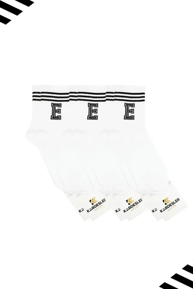 Unisex E Harfi Desenli Tenis Çorap (HARFLİ ÇORAP) 3 Çift Beyaz - 36-42