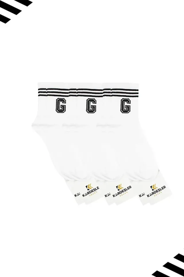 Unisex G Harfi Desenli Tenis Çorap (HARFLİ ÇORAP) 3 Çift Beyaz - 36-42