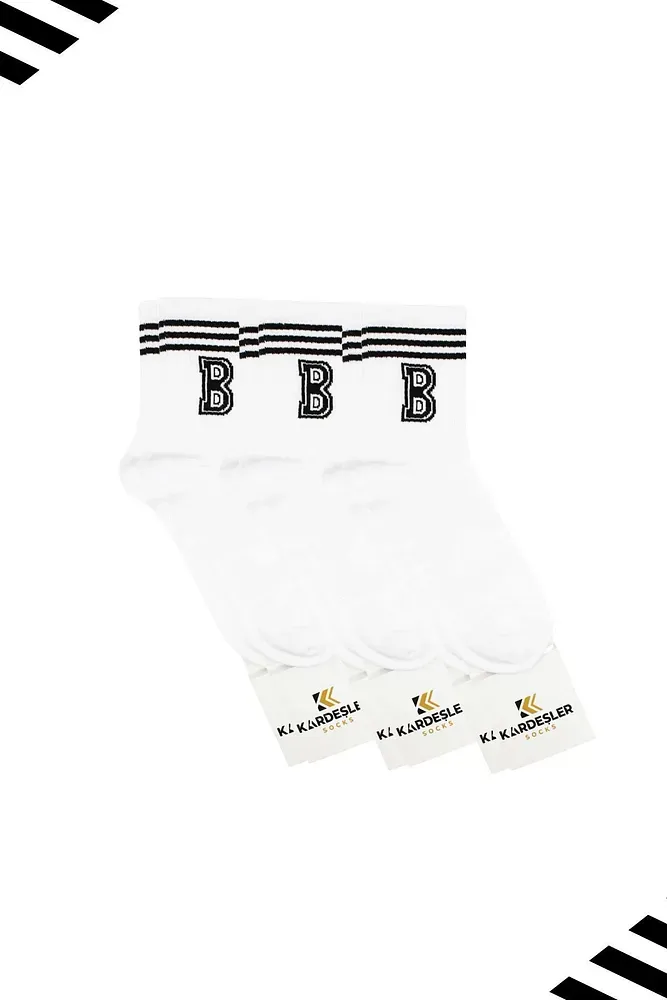Unisex B Harfi Desenli Tenis Çorap (HARFLİ ÇORAP) 3 Çift Beyaz - 36-42