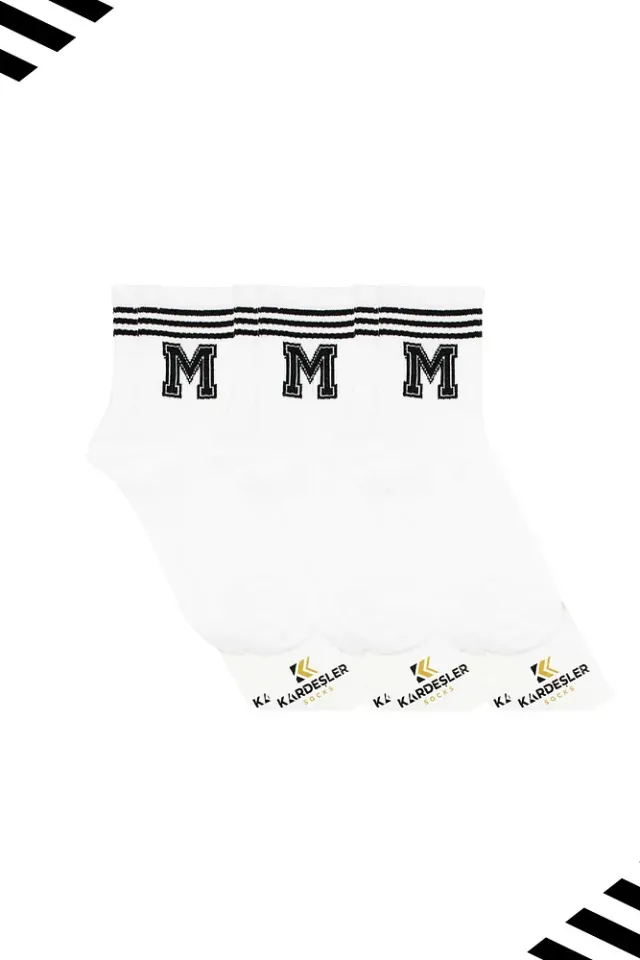 Unisex M Harfi Desenli Tenis Çorap (HARFLİ ÇORAP) 3 Çift Beyaz - 36-42