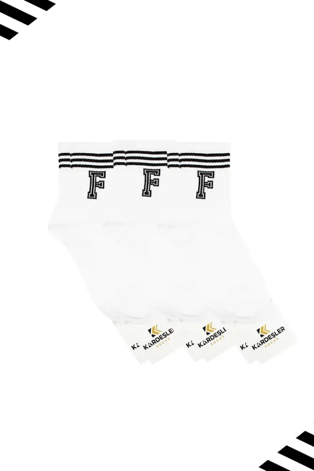 Unisex F Harfi Desenli Tenis Çorap (HARFLİ ÇORAP) 3 Çift Beyaz - 36-42